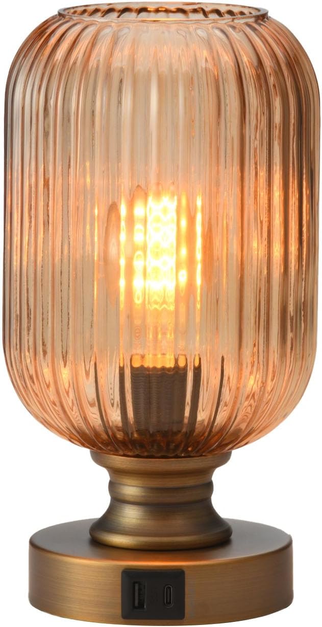 Mid Century Glass Table Lamp,Dimmable Desk Lamp,LED Bulb Included,Touch Control & USB A+C Port,Cognac Amber Ribbed Glass