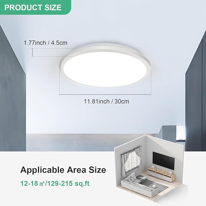 DELIPOP 2 Pack 12 Inch Ceiling Light, 24W Dimmable & 3000K-4500K-6000K 3 Color Selectable Ceiling Light for Indoor/Outdoor, Round Light Fixture for Bathroom, Bedroom, Kitchen, Hallway, Balcony