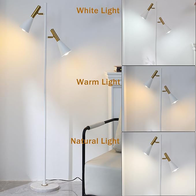 Elegant Modern Floor Lamp with 2 Adjustable Head,White and Gold Stand up Lamps with Marble Base,Tall Pole Uplight,Tree Floor Lamps for Living Room,Office