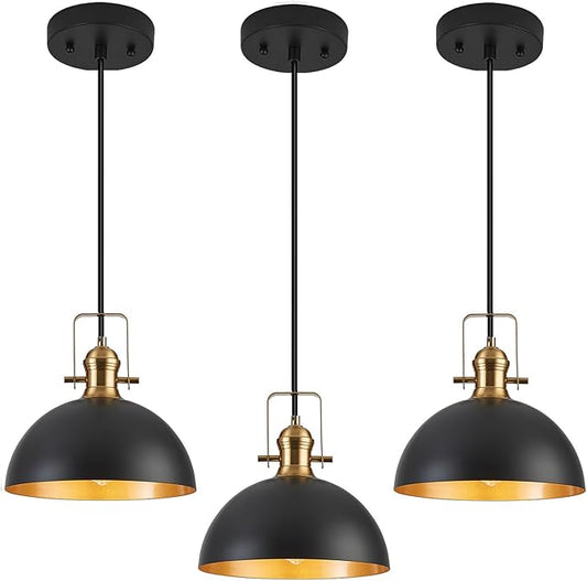12 Inch Pendant Lights for Kitchen Island Matte Blacks Farmhouse Pendant Light fixtures Adjustable Height Dome Hanging Light for Dinning Room Bedroom Hallway,3 Packs