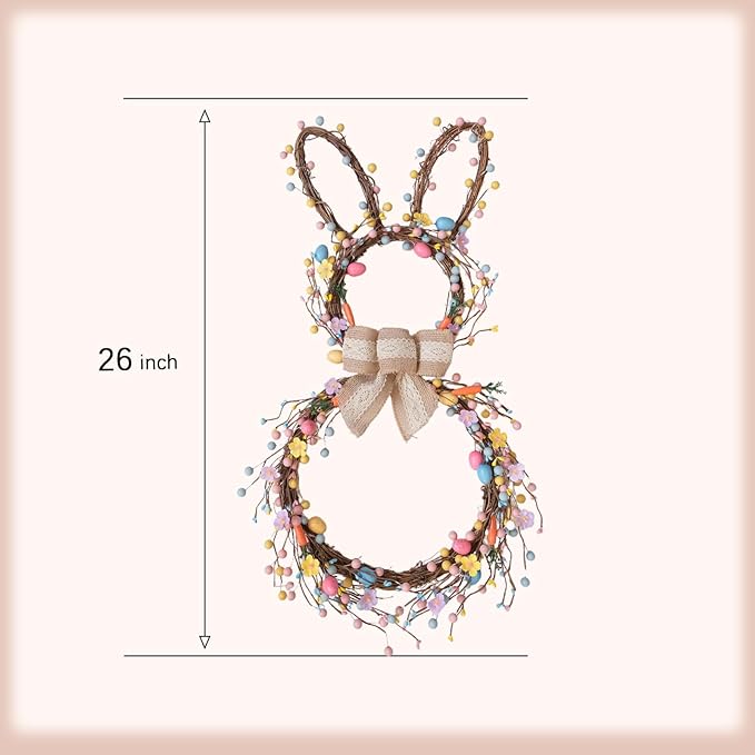 Idyllic 24 Inch Bunny Shaped Easter Wreath with Foldable Base Easter Eggs Daisies and Bow Decor for Front Door Window Living Room Fireplace Holiday Decoration