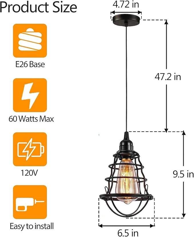 Industrial Pendant Light INNOCCY Edison Hanging Cage Pendant Lights E26 E27 Base Vintage Adjustable Pendant Lamp Fixture for Kitchen Home Lighting 2 Pack