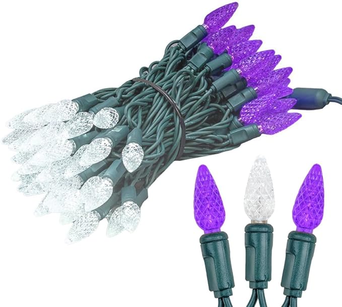 Novelty Lights 24FT 70 LED C6 Commercial Grade LED String Lights, Tree Decorations. Outdoor & Indoor usage, Permanent Christmas Lights. Pure White & Purple