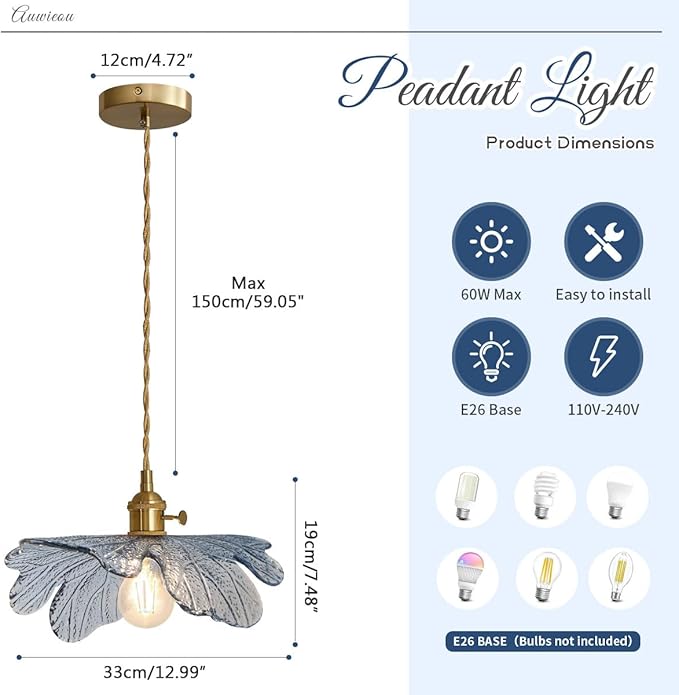 Vintage Pendant Light 2 Pack Glass Pendant Light Brass Pendant Light fixtures Kitchen Island Lighting with Blue Glass Shade Mid Century Modern Ceiling Hanging lamp for Dining Room Bedroom
