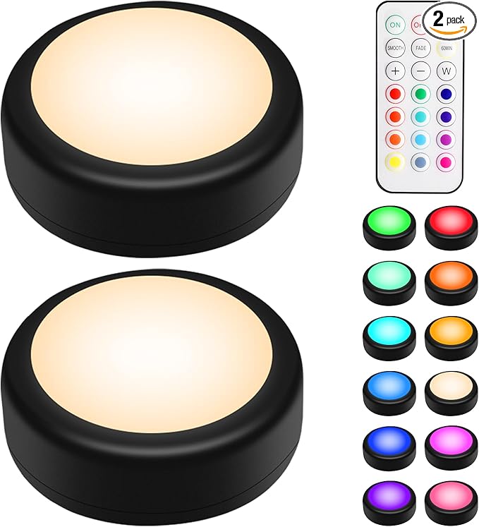 BLS LED Puck Lights with Remote Control, Wireless Under Cabinet & Closet Lighting, RGB 13 Color Changing Lights with Dimmer, Timer & AA Battery Operated, Push, Touch, Stick on for Night, Black, 2 Pack