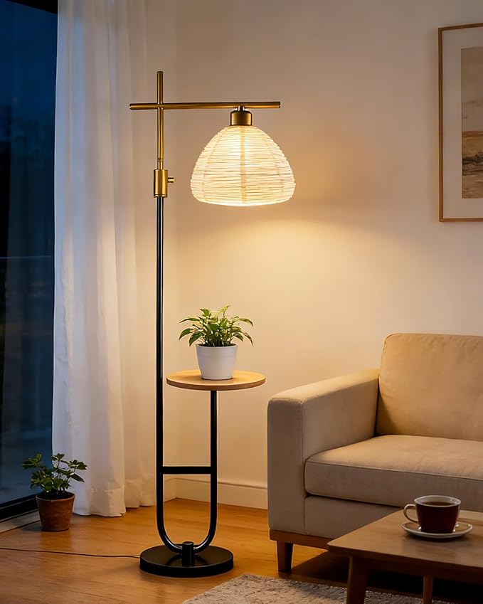 66IN Gold&Black Dimmable Floor Lamps with Storage Table, Modern Standing Tall Lamp with Milky White Lampshade, Cross-Shaped Lamp Head and U-Pole Base Style for Living Room/Bedroom