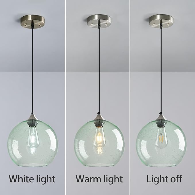 Light Green Glass Pendant Lights Kitchen Island Globe Pendant Light Fixtures Modern Pendant Lighting for Bedroom Living Dining Room Light Fixture (9.84 in, 3 Pack)