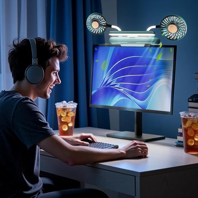 Reading stand Lamp Light Bar with Fan Two-Head Personal Cooling Quiet USB Fan Flip-Open light, Level 3 brightness 3 Wind Speed for Working/Self Broadcasting (Forest Green)