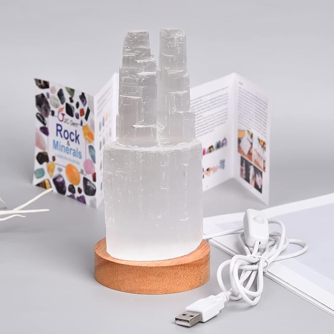 JIC Gem USB Selenite Skyscraper Healing Crystal Lamp 6 Inch with Wooden LED Light Stand Base
