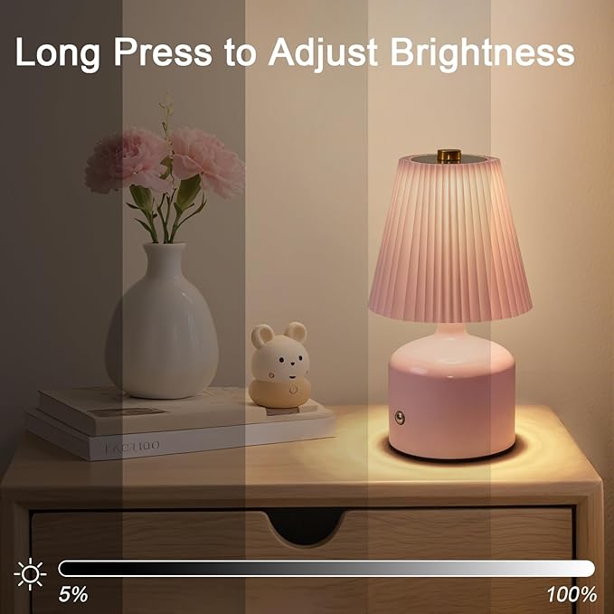 Small Cordless Table Lamp Rechargeable Desk Lamp, 3 Color Stepless Dimming, Metal Base Pleated Table Lamp for Bedside, Bedroom, Dining Room, Living Room (Pink)