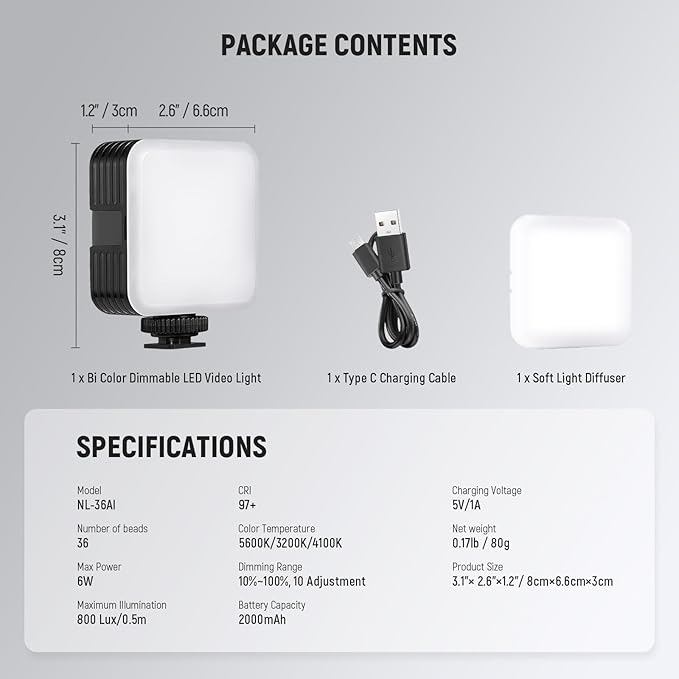 NEEWER LED Video Light,Portable Bi-Color 3200K~5600K Dimming Lights for Cameras, CRI 97+, 8 Scene Modes, 2000mAh Rechargeable Battery for Gaming/YouTube/Vlog/Photography - NL-36AI