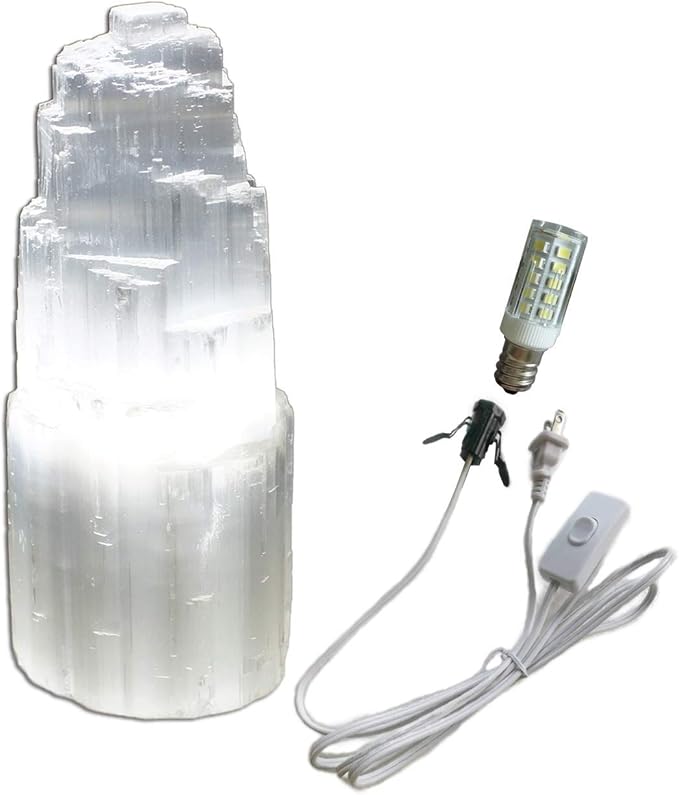 JIC Gem Natural Selenite Lamp 8" White Selenite Crystal Rock Lamps with Switch Cord and Bulb