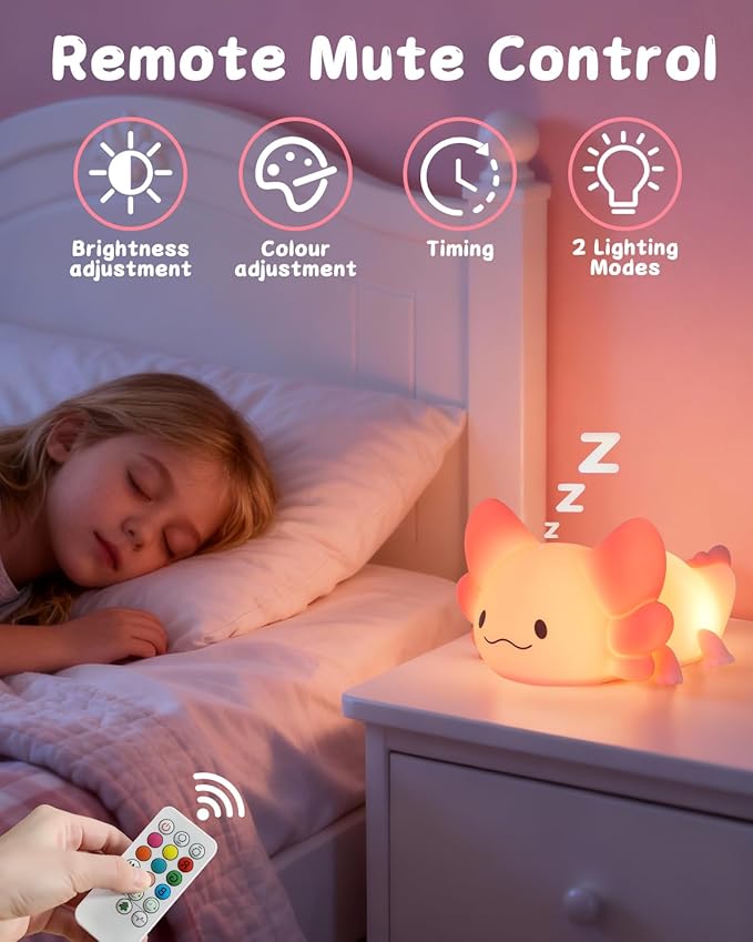 ZKLiLi Night Light for Kids Lamp, 16 Colors Lamp Cute, Dimmable Baby Night Lights for Nursery,Silicone Rechargeable Nightlight for Kids Room, Kawaii Room Decor (Axolotl-Remote)