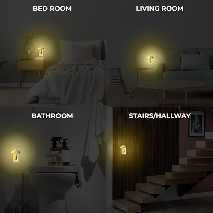 SATONA Mushroom Night Light, Night Light Plug in Wall Lamps for Bedroom with Auto Light Sensor, for Kids Room, Bathroom, Bedroom, Kitchen, Hallway and Stairs