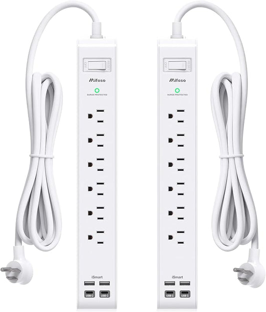 2 Pack Power Strip Surge Protector, 15FT Long Extension Cord, Surge Protector with 6 Outlets and 4 USB Charging Ports(2 USB C), Flat Plug Overload Protection, Wall Mount for Home Office Dorm College