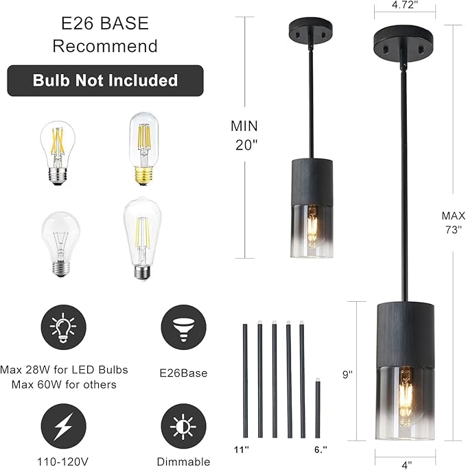 Modern Black Pendant Lights with Downrods, 2 Pack