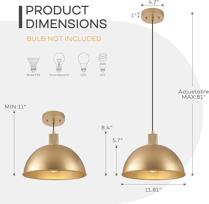 12 Inch Gold Dome Pendant Lights 2 Pack for Kitchen Island, Height Adjustable Farmhouse Industrial Hanging Light Fixtures Over Table for Dining Room, Entryway