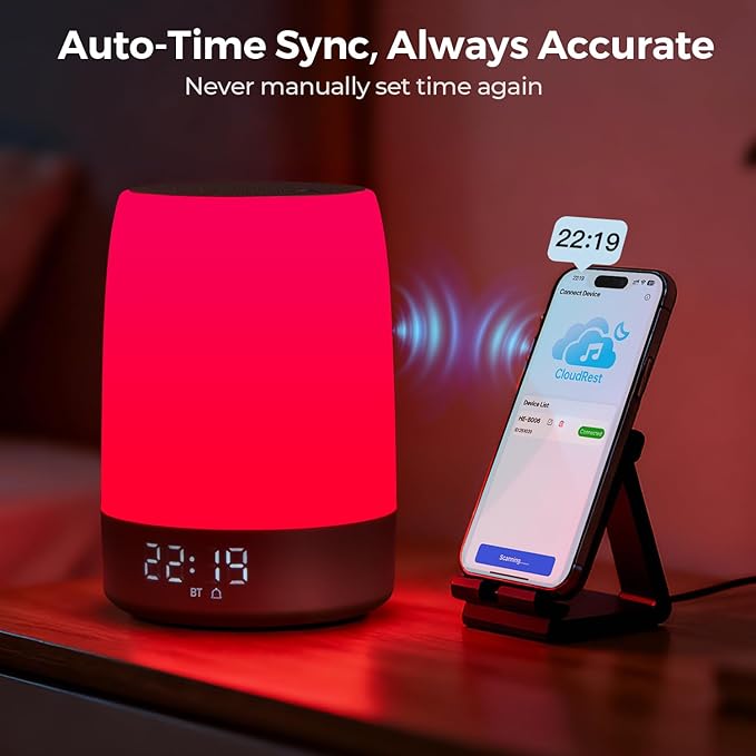 Smart Red Light Therapy Lamp & Sleep Sound Machine for Bedroom with Alarm Clock, 32 White Noises Sound Machine, Night Light with App Control, 5-Level Red Light (620–690nm), 2600mAh Battery（Large）