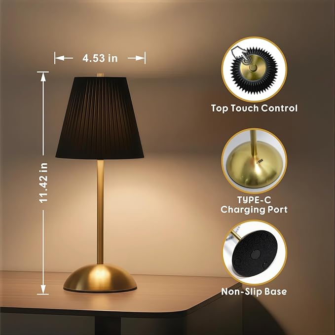 2-Pack Rechargeable Cordless Table Lamps, 3CCT & Stepless Dimming, LED Wireless Lamp with Touch Control for Bedside Nightstand, Dining Table, Outdoor Patio Use, 4.5" W x 11.5" H (Black)