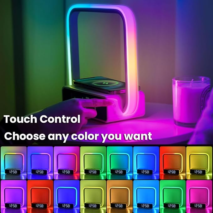 Digital Alarm Clock Wireless Charger, Dimmable Small Bedside Lamp with Alarm Clocks for Bedrooms Home Office Touch Control RGB Night Light Nightstand Lamp for Men Teen