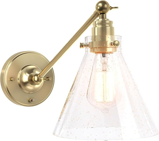Industrial Vintage Slope Pole Wall Mount Single Sconce with Funnel Flared Clear Glass Shade, Swing Arm Wall Sconce Light Lamp Fixture Hardwired