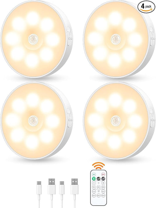 Motion Sensor Puck Light with Remote, Wireless Dimmable Under Cabinet Lighting, Rechargeable Magnetic Closet Night Light, 4-Pack, Warm White