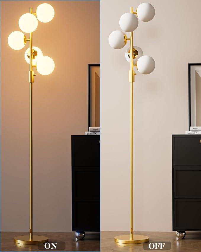 Lightdot Dimmable Globe Floor Lamp Mid Century Modern Floor Lamp with 5Pcs 3000K Bulbs Included Brightness Adjustable Gold Standing Lamps for Living Room Bedroom/Sofa Beside/Corner Decor