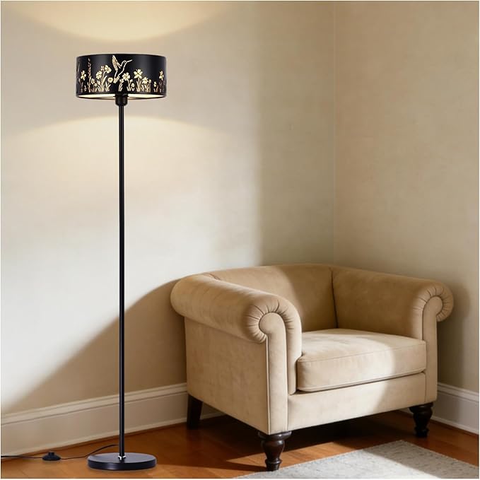 Mid Century Floor Lamp,Unique Hummingbird Floral Black Farmhouse Drum Gothic Floor Lamp with White Parchment,57.67" Tall Metal Rustic Standing Light for Living Room,Bedroom,Home,Office