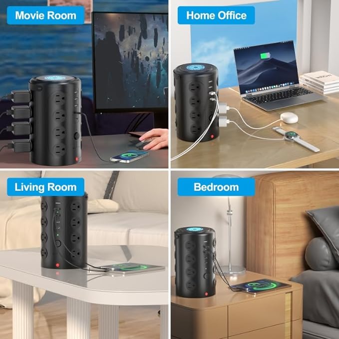 Surge Protector Power Strip,Desk Charging Station with 15W Wireless Charger, Multiple Outlets Charging Station with 16 AC Outlets & 5 USB (2 USB C) Port, for Home, Office, Dorm Room (10FT)