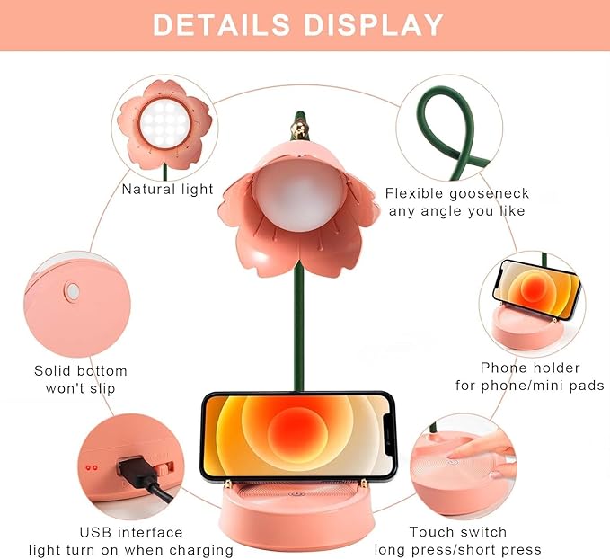 Desk Lamp for Kid, Dimmable LED Table Lamp with 3 Colour Temperatures, Rechargeable Desk Lamp with Touch Sensor and Flexible Arm, USB Bedside Lamp for Reading, Learning, Working (Pink)