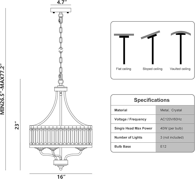 15.75 " Modern Black Crystal Chandelier,3-Light Farmhouse Dining Room Light Fixture Over Table Adjustable Height Hanging Industrial Pendant Lights Kitchen Island,Living Room Kitchen Island Entryway
