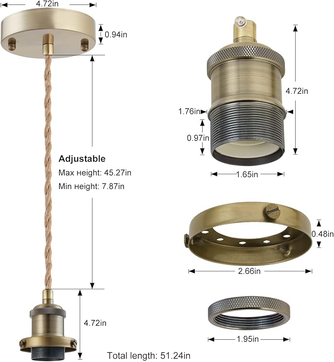 Industrial Mini Pendant Light Kit, E26 Socket Pendant Hanging Light, Hemp Rope Vintage Hanging Pendant Light Cord, Adjustable Pendant Lights Ceiling Mount Kitchen Island Farmhouse