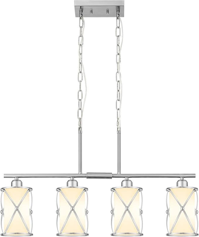 4-Light Kitchen Island Lighting, Linear Brushed Nickel Dining Room Light Fixtures with Milk Glass, Modern Industrial Chandelier Pendant Light for Kitchen Island Dining Room, CH9176BNW-4IS