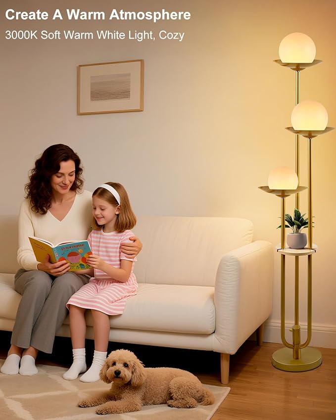 Lightdot 63IN Globe Floor Lamp with Shelf 3-Lights Modern Gold Dimmable Floor Lamps with Bulbs Included for Wedding/Party, Tall Standing Lamp for Living Room/Bedroom/Sofa Beside/Corner Decor