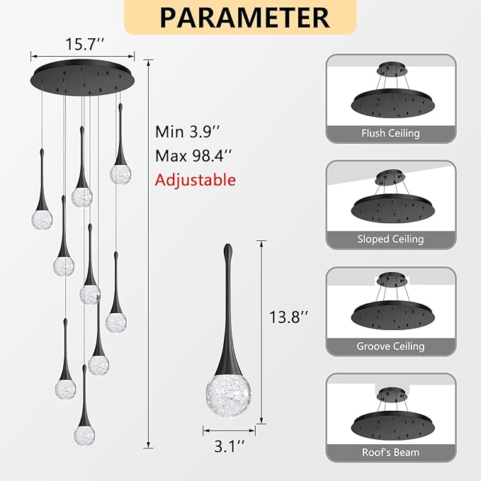 9 Light Modern Glam Crystal Chandelier for High Ceiling LED Dimmable Ceiling Pendant Light Staircase Foyer Enterway Living Room Chandelier Lighting Antique Black