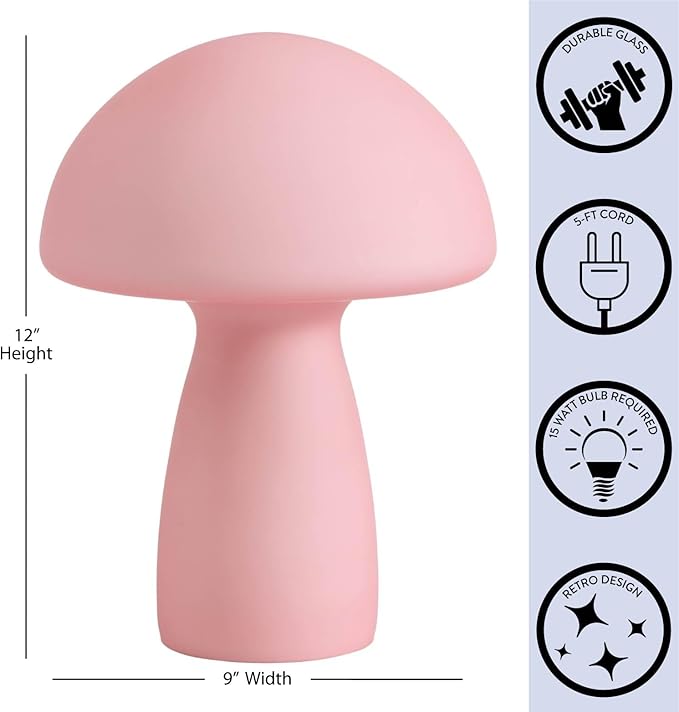 Urban Lifestyle Frosted Pink Mushroom Lamp,12" Glass Novelty Table Light, Plug-in Retro Decor for Bedroom, Living Room, Dorm