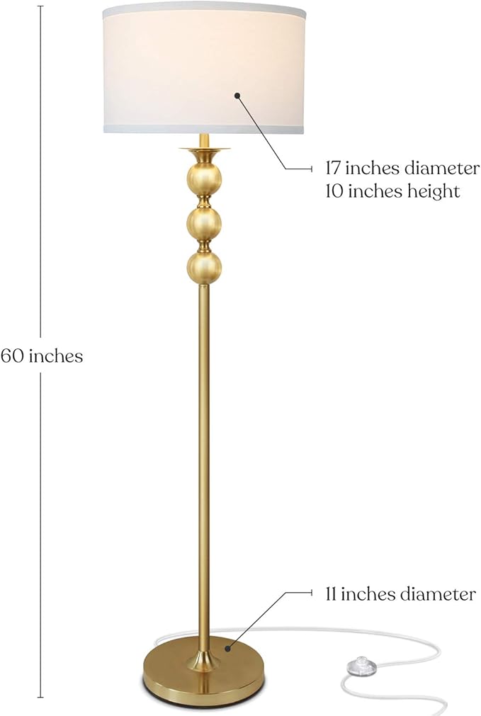 Brightech Riley 60" Floor Lamp, Elegant Modern Standing Lamp with Drum Shade, Boho Chic Mid-Century Living Room Décor, Classy, Traditional Art Deco Corner Floor Lamp for Bedroom, Office - Gold/Brass