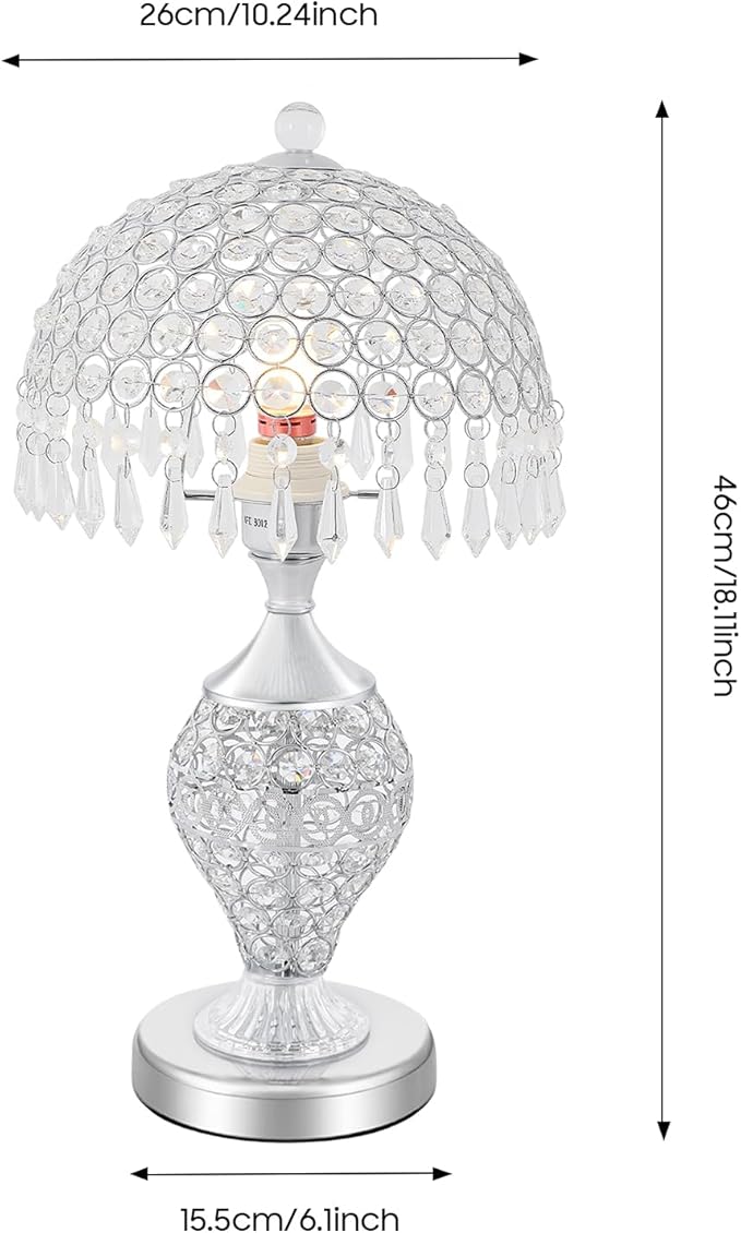 Touch Control Glass Table Lamp, K5 Crystal Nightstand Desk Lamp Vintage Desktop Bedside Lamp for Bedroom, Read, Office, Home (Silver)