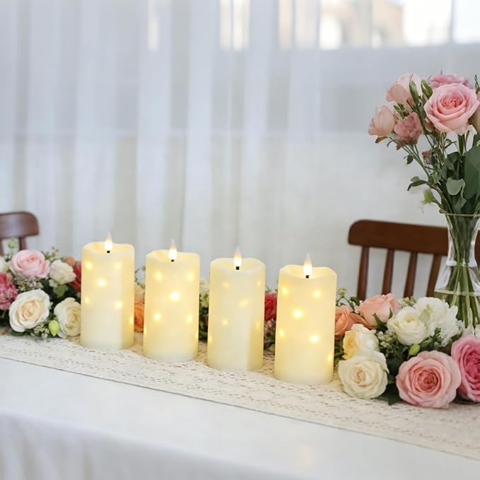 Lezonic Flameless Waterproof Outdoor Candles with Flickering Dancing Flame, 4Pcs Battery Operated Candles with Remote, Ivory LED Pillar Built-in String Lights for Patio Wedding Decor, 3.25" x 6"