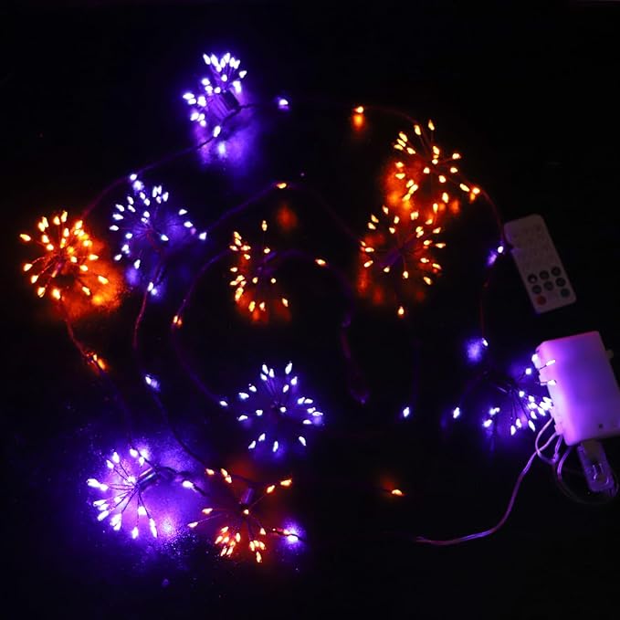 Halloween Lights Indoor Purple and Orange Fairy Lights 10 FT - 200 LEDs - 8 Clusters Fireworks with Remote Ideal Indoor and Outdoor Spooktacular Halloween Decorations