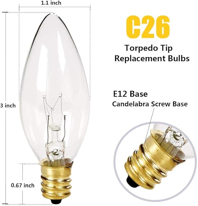 25 Pack Clear Torpedo Tip Replacement Bulbs, Replacement Light Bulbs for Electric Candle Lamps, Window Candles, Chandeliers- Clear Incandescent E12 Candelabra Base Light Bulbs- 120V 7 Watts Bulbs