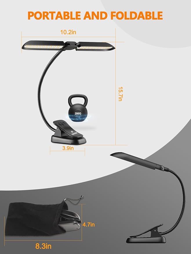 Vekkia Folding Music Stand Light - Portable 42 - Led Rechargeable, Super - Bright Clip - on Piano Lamp. Professional 5 Brightness×3 Color Temperature, for Grand Piano, Book Reading