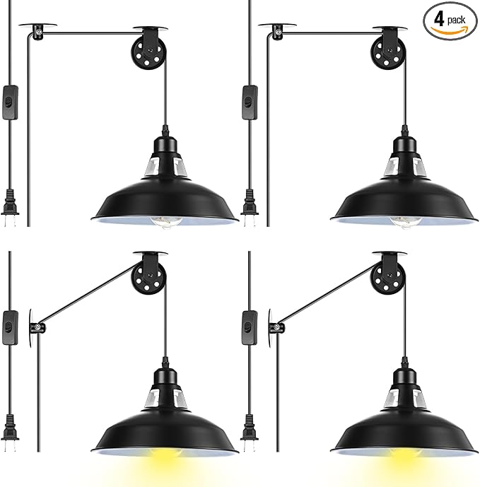 VIHOSE 4 Pcs Industrial Vintage Plug in Pendant Ceiling Light Hanging Lamp E26 E27 Hanging Light Fixtures with Plug in Cord 14.76ft Switch, Metal Adjustable Pulley Wall for Bedroom Restaurant Kitchen