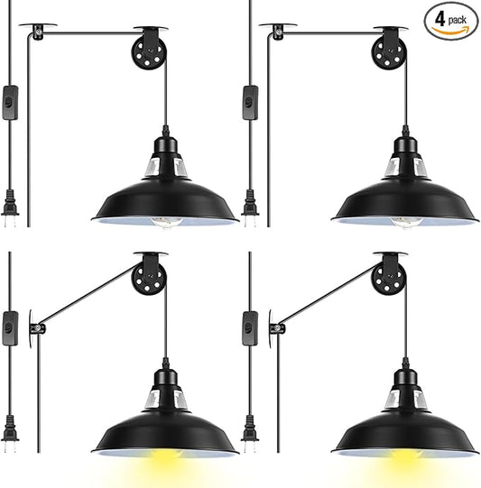 VIHOSE 4 Pcs Industrial Vintage Plug in Pendant Ceiling Light Hanging Lamp E26 E27 Hanging Light Fixtures with Plug in Cord 14.76ft Switch, Metal Adjustable Pulley Wall for Bedroom Restaurant Kitchen
