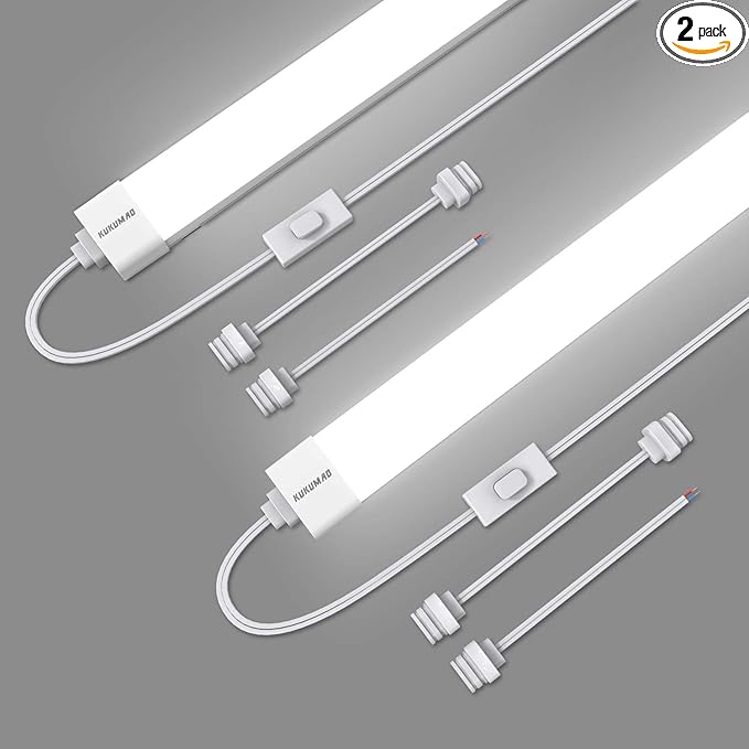 KUKUMAO 5000K LED Ceiling Light Fixture, 2FT with Plug Linkable, 2PCS Waterproof LED Tube Light Under Cabinet Lighting,Closet Light 18W for Garage Kitchen Bathroom Workbench and Office