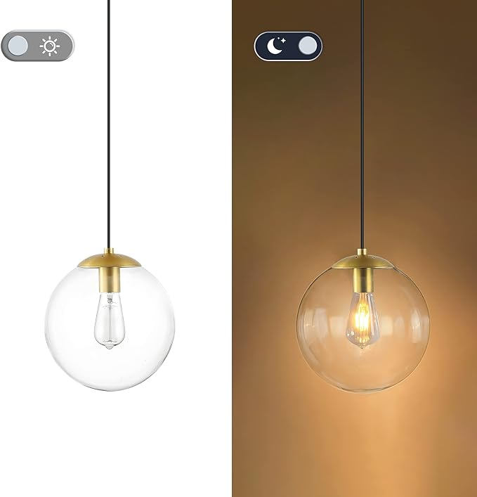 KoKo&Yukina 6-inch mini Modern Globe Pendant Light Clear Glass with Brass Finish Contemporary Mid Century Adjustable Hanging Light Fixture for Living Room Bedroom Kitchen Island (Bulb Incl.)