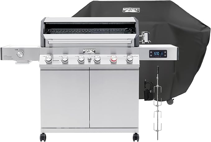 Monument Grills 6+1 Burner Smart Tech Propane Gas Grill, Denali 605Pro Stainless Steel Grill 78,000 BTU Outdoor Patio Barbecue Grill with Side Sear Burner, Knob Control, Cover and Rotisserie Kit