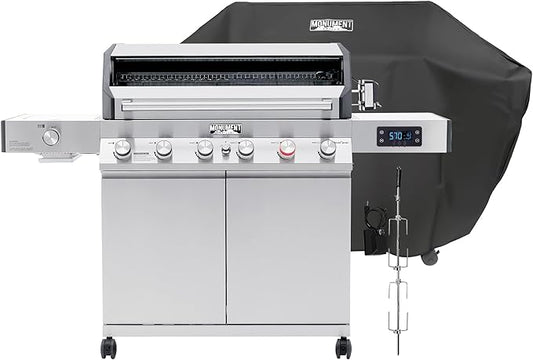 Monument Grills 6+1 Burner Smart Tech Propane Gas Grill, Denali 605Pro Stainless Steel Grill 78,000 BTU Outdoor Patio Barbecue Grill with Side Sear Burner, Knob Control, Cover and Rotisserie Kit