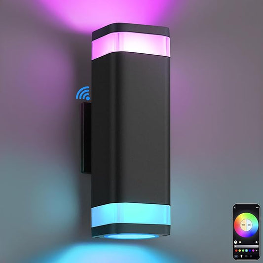 SHIMR Smart RGB Outdoor Wall Light, WiFi App Control Color Changing Up Down Exterior Sconce with Dusk to Dawn Sensor, Waterproof LED Wall Mount Light Fixture, Works with Alexa & Google, Black Finish
