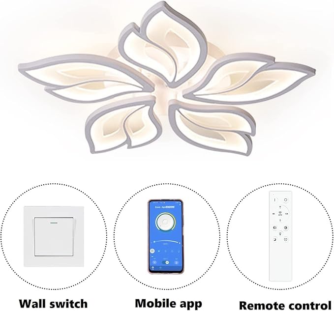 Modern Ceiling Light with Remote Control and APP, 40-80W 24.4” Dimmable LED Chandelier Flush Mount Ceiling Lights, Acrylic Leaf Flower Ceiling Lamp Fixture for Living Room Dining Room Bedroom